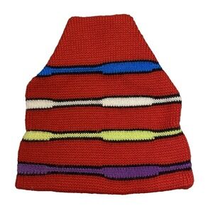 Vintage Smiley Ski Beanie 100% Pure Wool Red Striped Knit Hat Lycra Headband USA